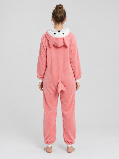 Pink Fleece Hooded Pajama Jumpsuit with Tail