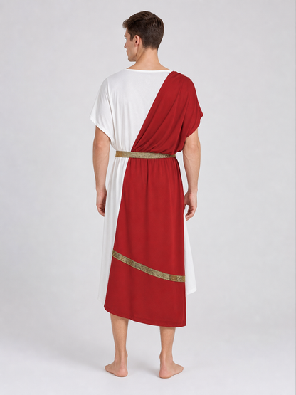 Men's Ancient Greek Costume, Red And White Draped Tunic With Gold Belt And Laurel Headpiece For Cosplay, Stage Events