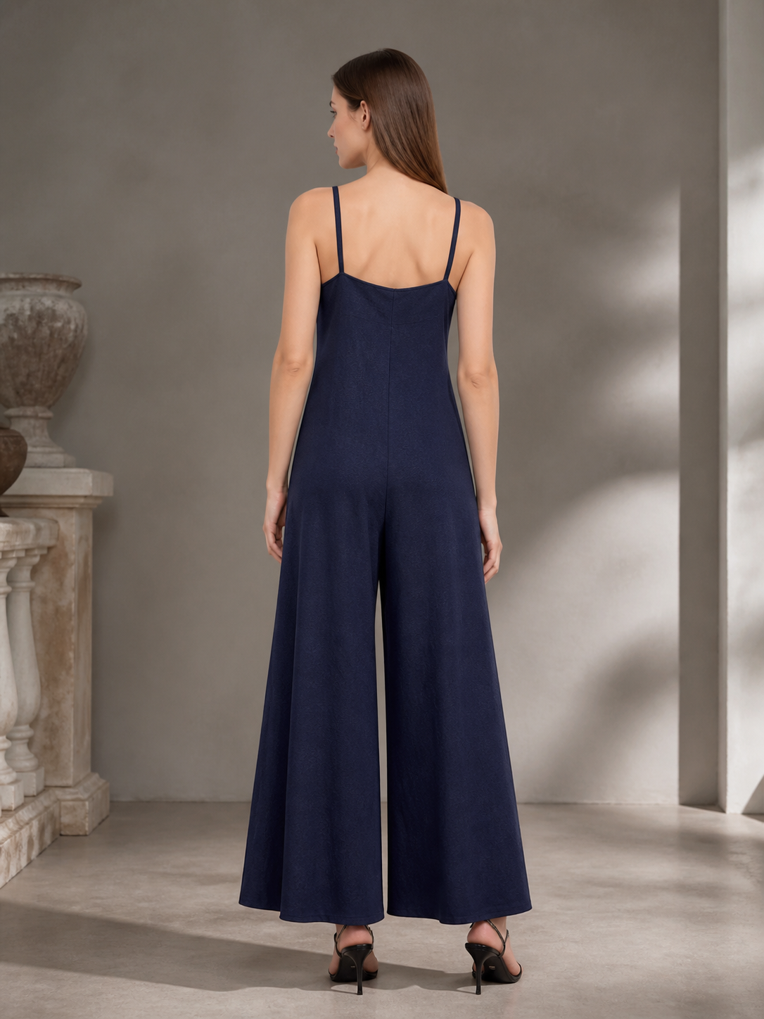 Blue Spaghetti Strap Wide Leg Jumpsuit, Sleeveless One-Piece Overalls With Long back view 2