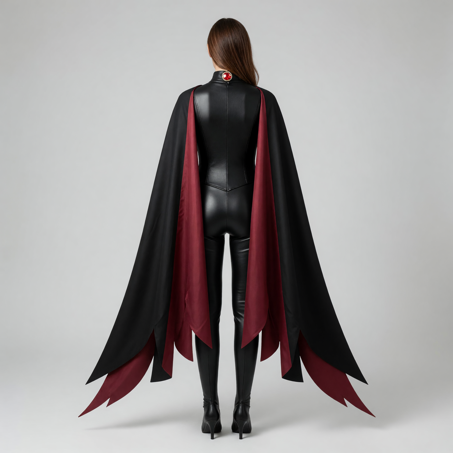 X-Men cosplay costume with cape in a black and burgundy color scheme. The set includes a one-piece costume and a cape, combined into a striking look for role-play transformations and themed events, including Halloween. The design features a