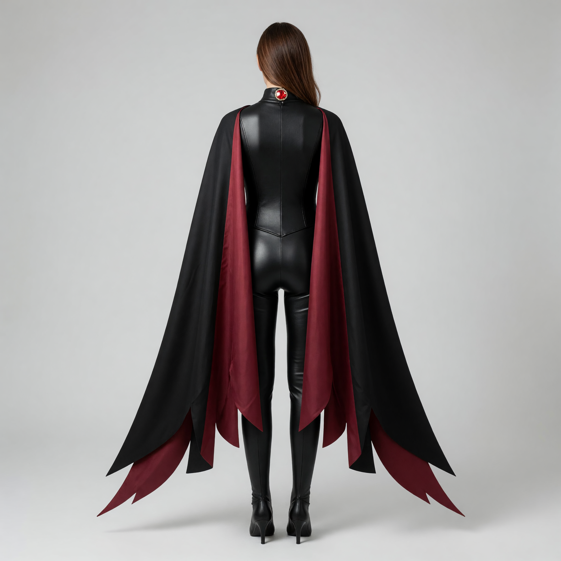 X-Men cosplay costume with cape in a black and burgundy color scheme. The set includes a one-piece costume and a cape, combined into a striking look for role-play transformations and themed events, including Halloween. The design features a