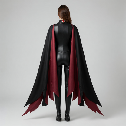 X-Men cosplay costume with cape in a black and burgundy color scheme. The set includes a one-piece costume and a cape, combined into a striking look for role-play transformations and themed events, including Halloween. The design features a