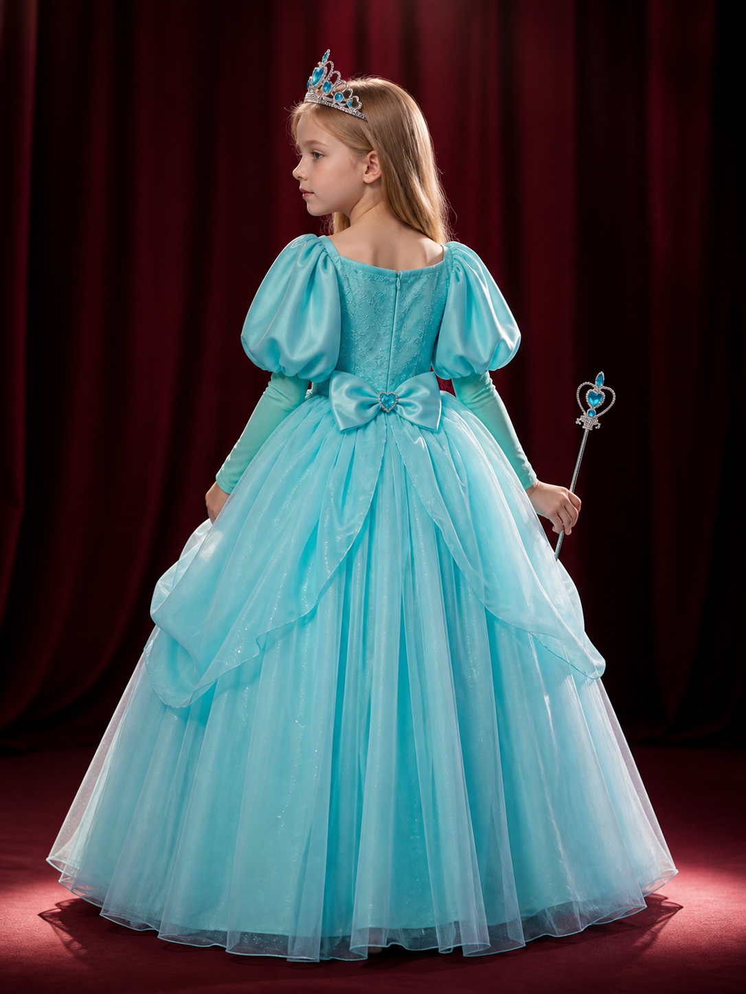 Girls Ariel Princess Costume Dress with Crown and Wand, Layered Tulle Sea Green back view
