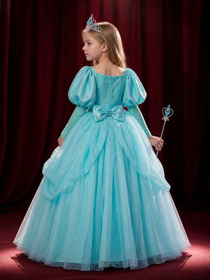 Girls Ariel Princess Costume Dress with Crown and Wand, Layered Tulle Sea Green back view