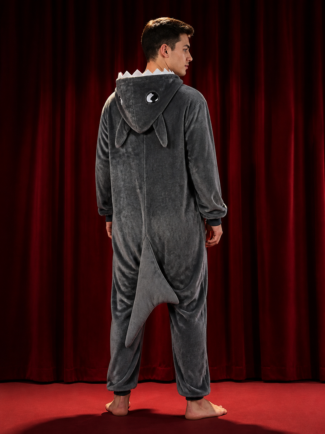 Shark Animal Hooded Jumpsuit Costume With Tail And White Belly Panel back view