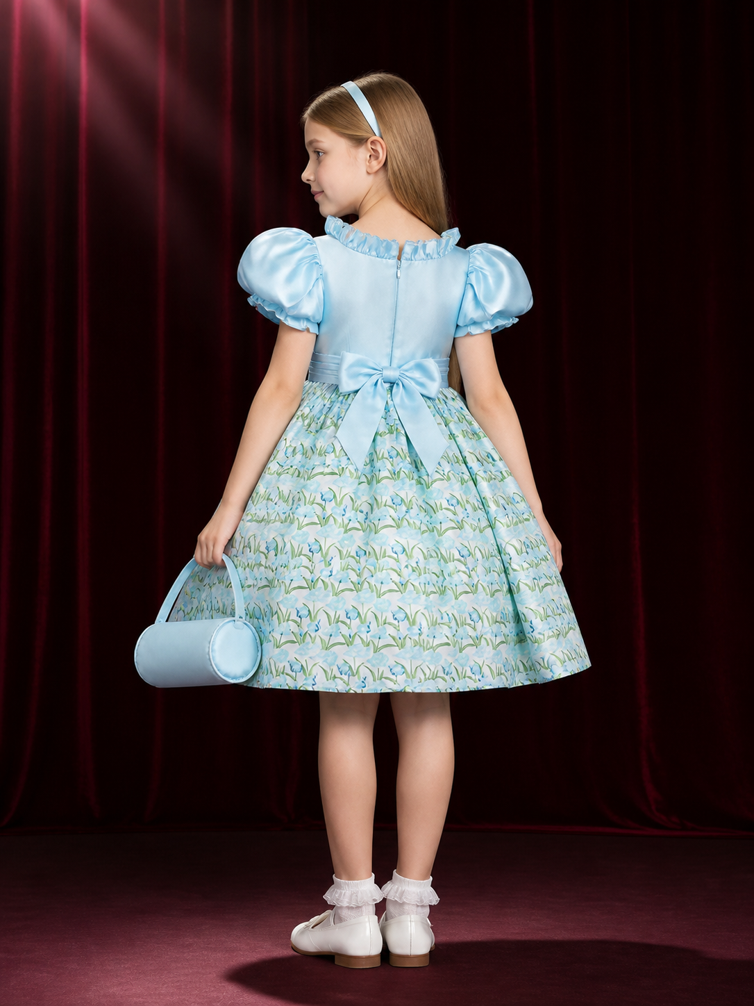 Girls' Sky Blue Princess Dress with Puff Sleeves, Floral Print, Waist Bow and back view