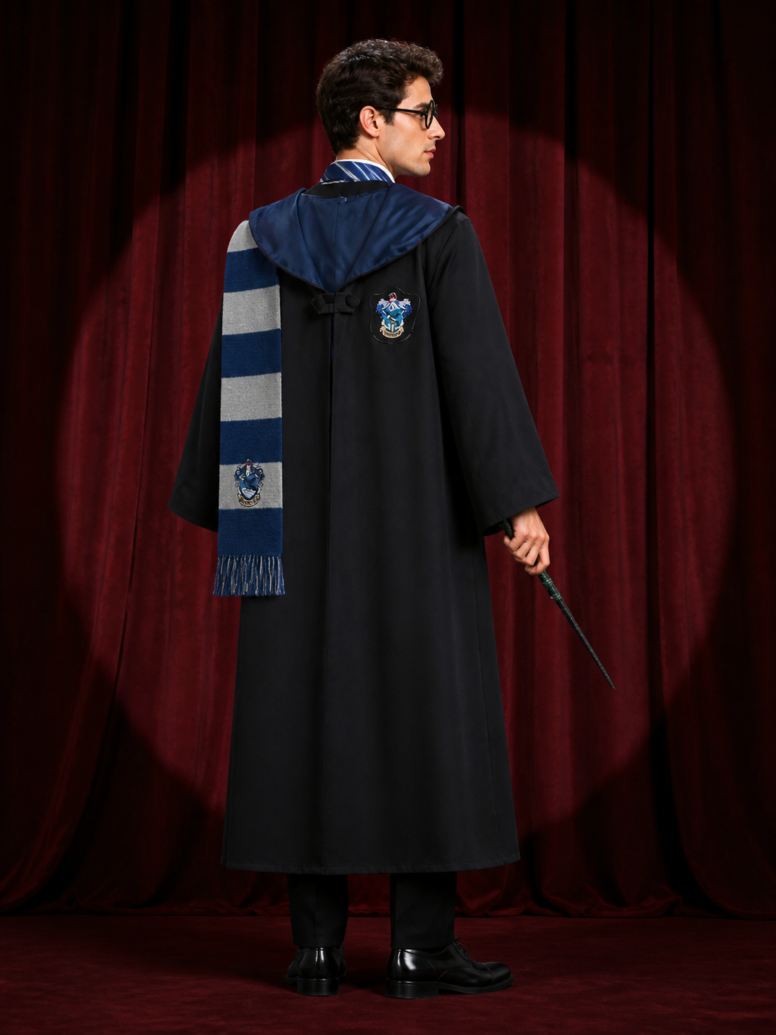 Ravenclaw Wizard Robe Costume Set with Scarf, Tie, Glasses and Wand back view