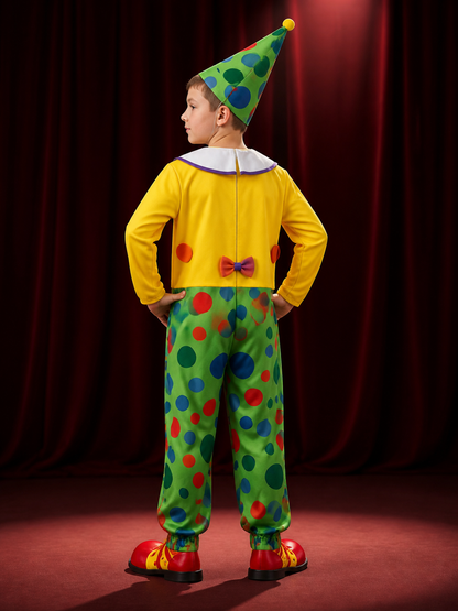 Kids Clown Jumpsuit Costume Set with Colorful Polka Dots and Cone Hat back view