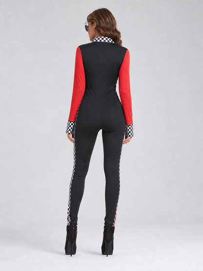 Racing-Style Zip-Up Jumpsuit, Red and Black