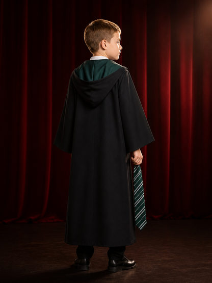 Children's Dark Green Wizard Robe and Striped Tie Costume Set back view