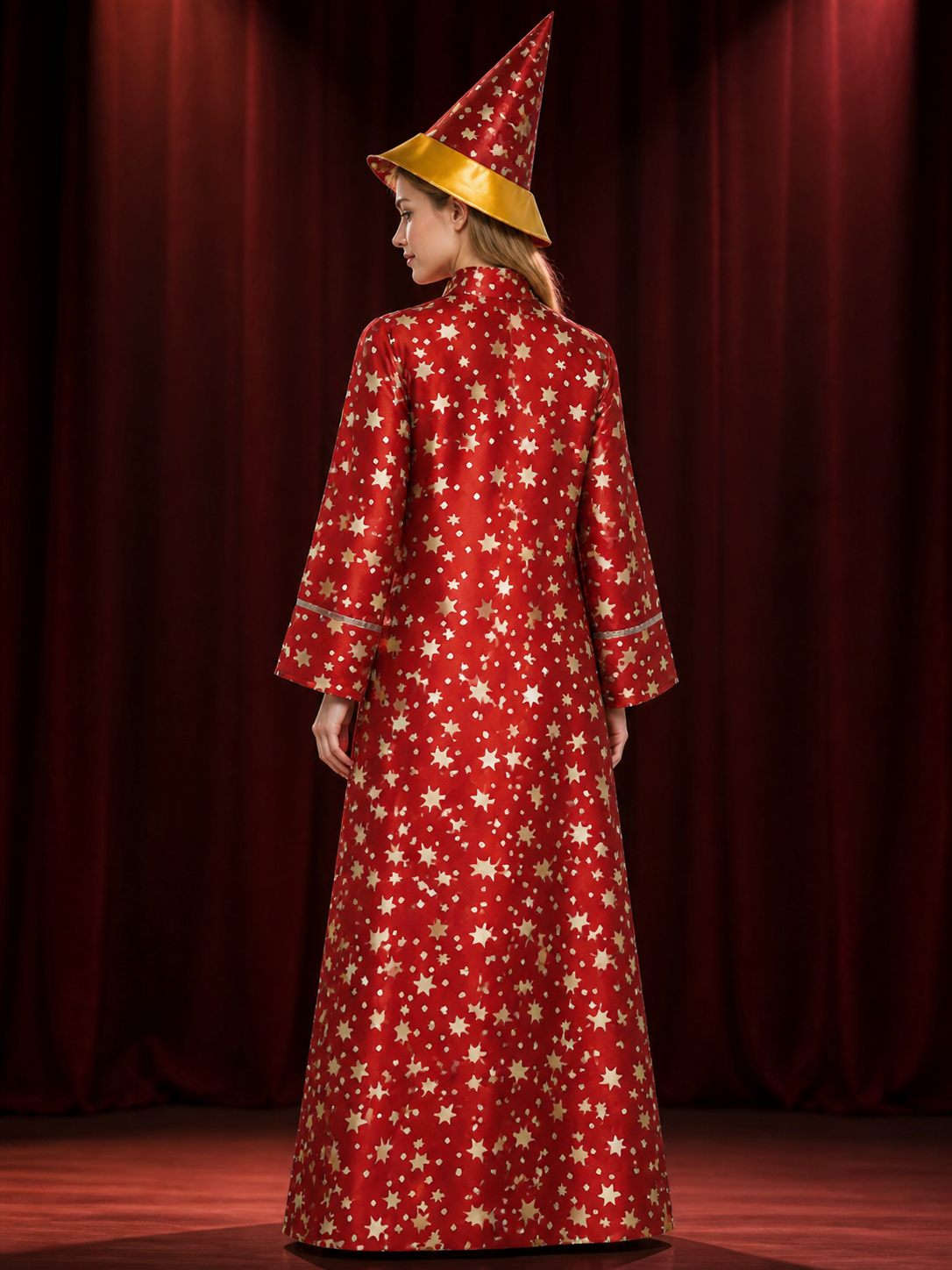 Red Star-Printed Witch Costume Set, Long Robe And Pointed Hat Halloween Outfit