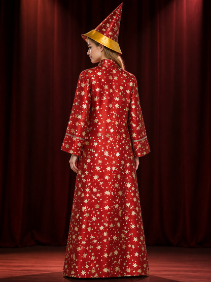 Red Star-Printed Witch Costume Set, Long Robe And Pointed Hat Halloween Outfit