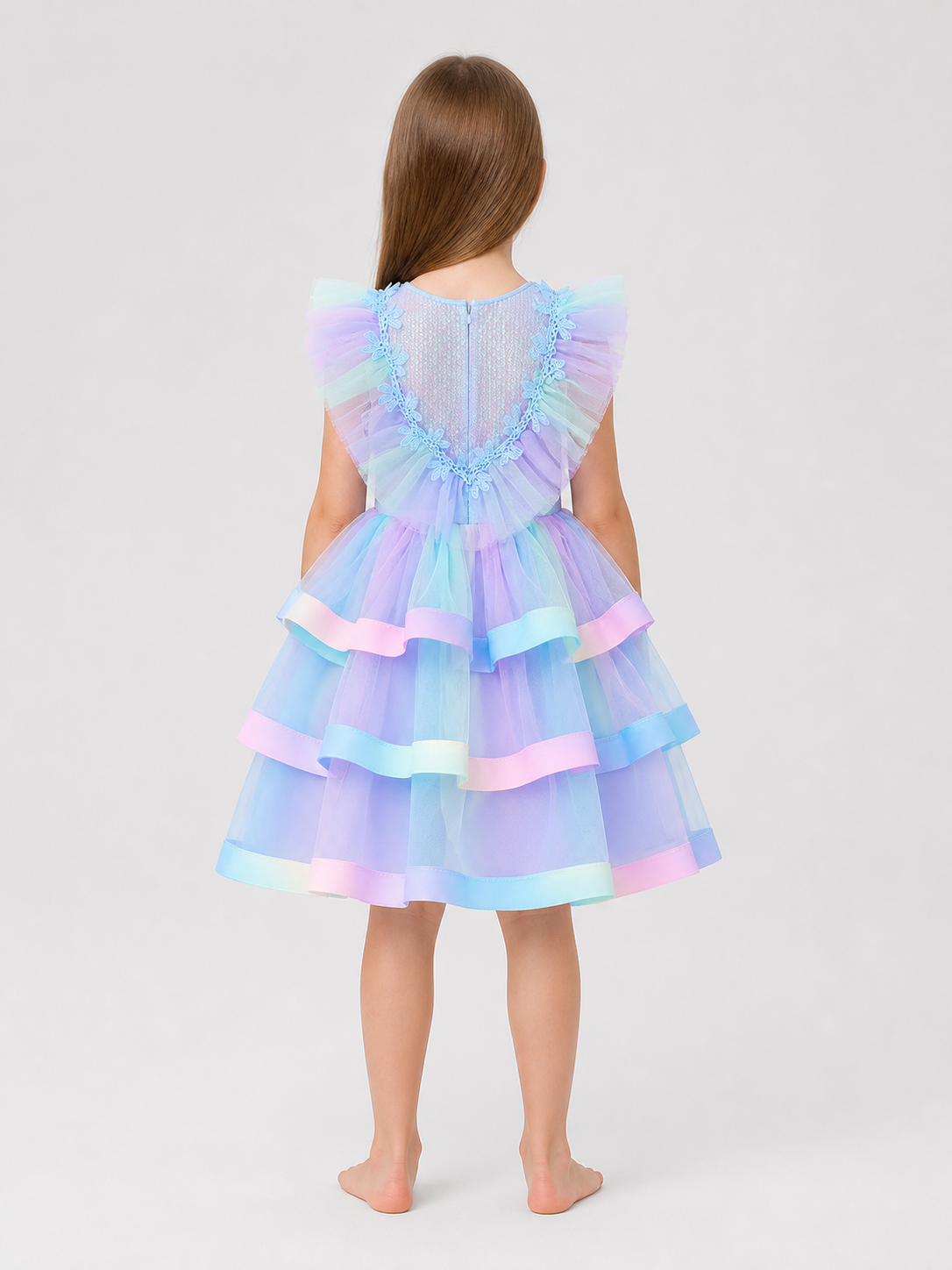Children's Tulle Tutu Dress with Rainbow Trim back view