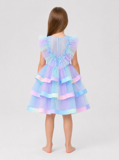 Children's Tulle Tutu Dress with Rainbow Trim back view