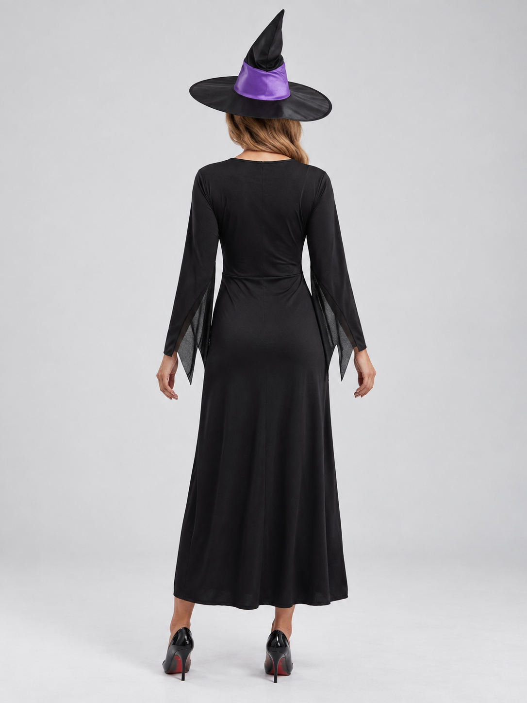 Witch Costume: Black and Purple Dress, Hat, and Neck Accessory