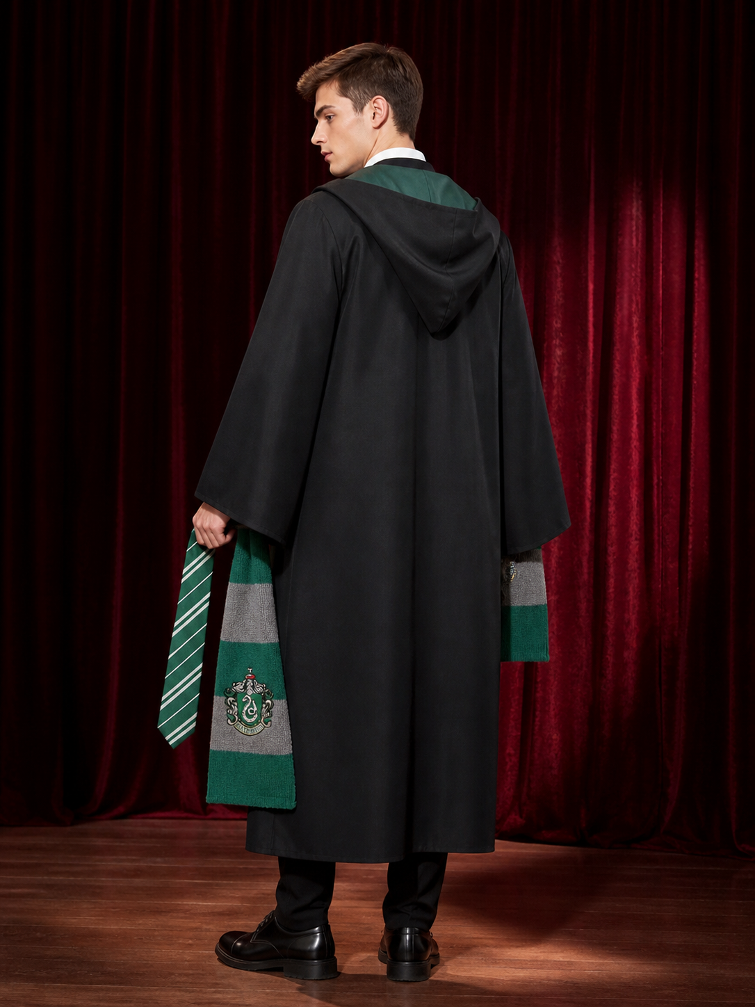 Slytherin Wizard Robe Costume Set with Scarf and Tie, Green Hooded Cloak back view