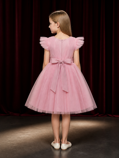 Toddler Girls' Pink Princess Dress, Layered Tulle Flutter Sleeve Formal Gown back view