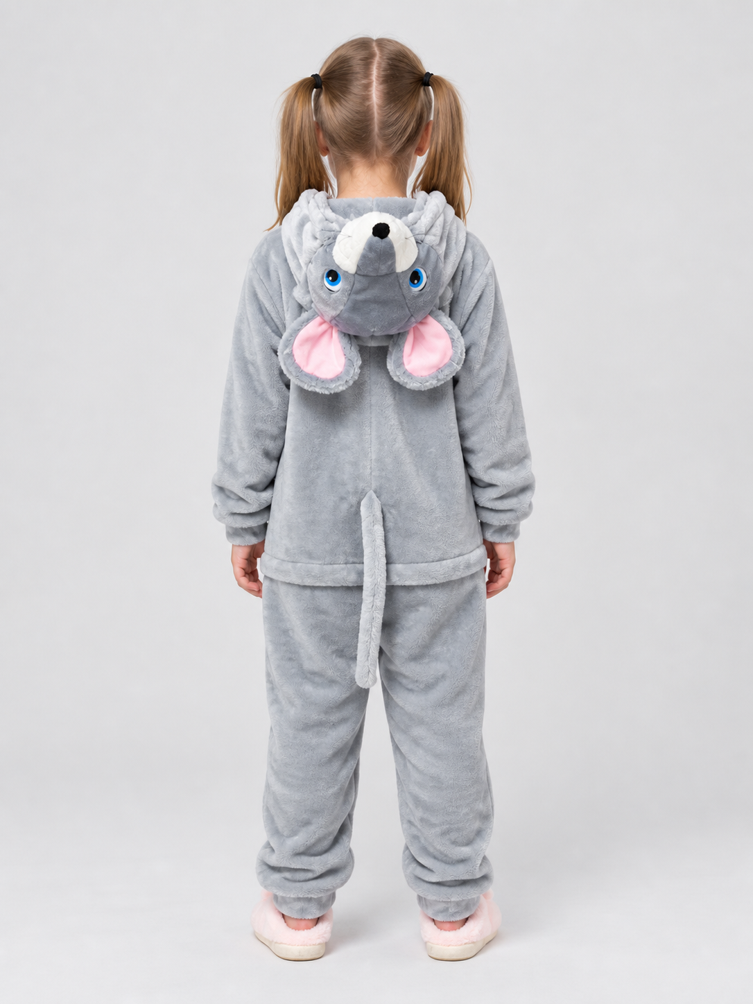 Gray Insulated Hooded Pajama Jumpsuit with Animal Face
