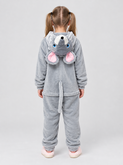 Gray Insulated Hooded Pajama Jumpsuit with Animal Face