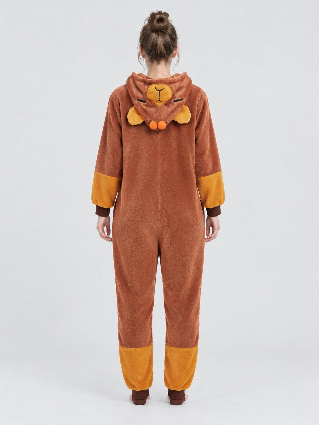 Brown plush hooded pajama jumpsuit with ears
