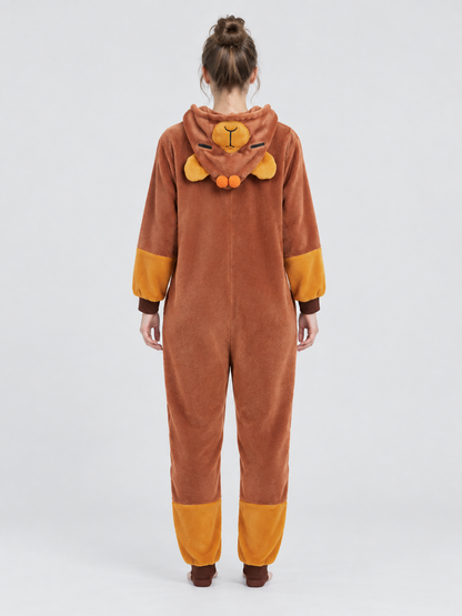 Brown plush hooded pajama jumpsuit with ears