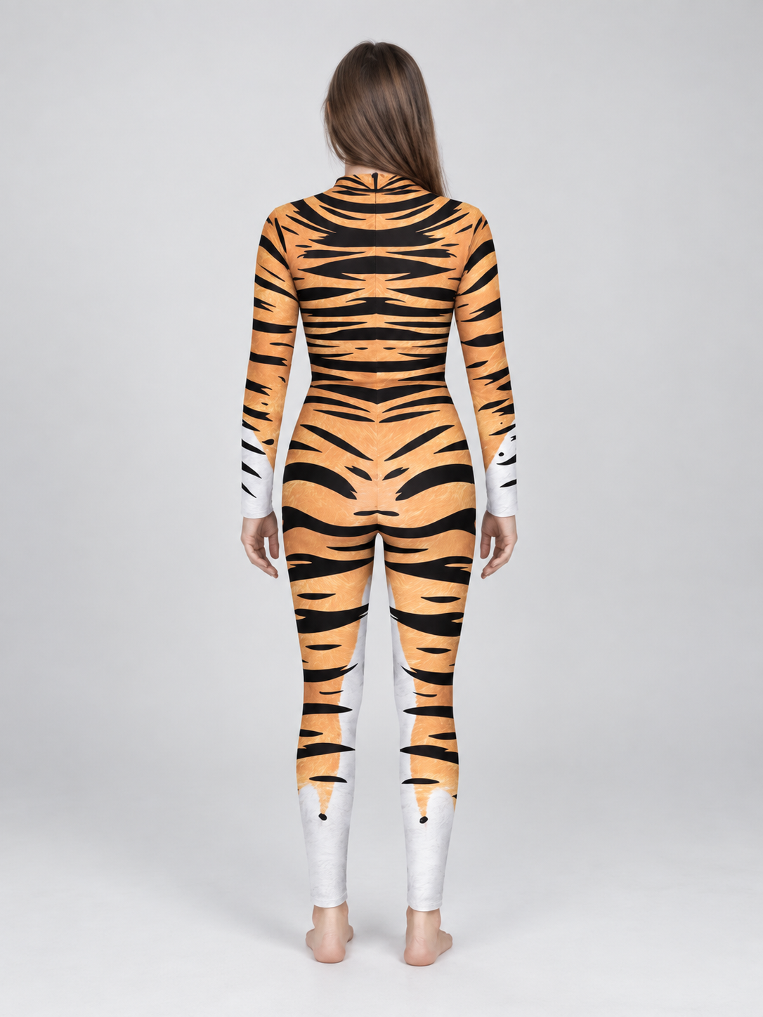 Fitted Bodysuit Jumpsuit Orange with Tiger Print