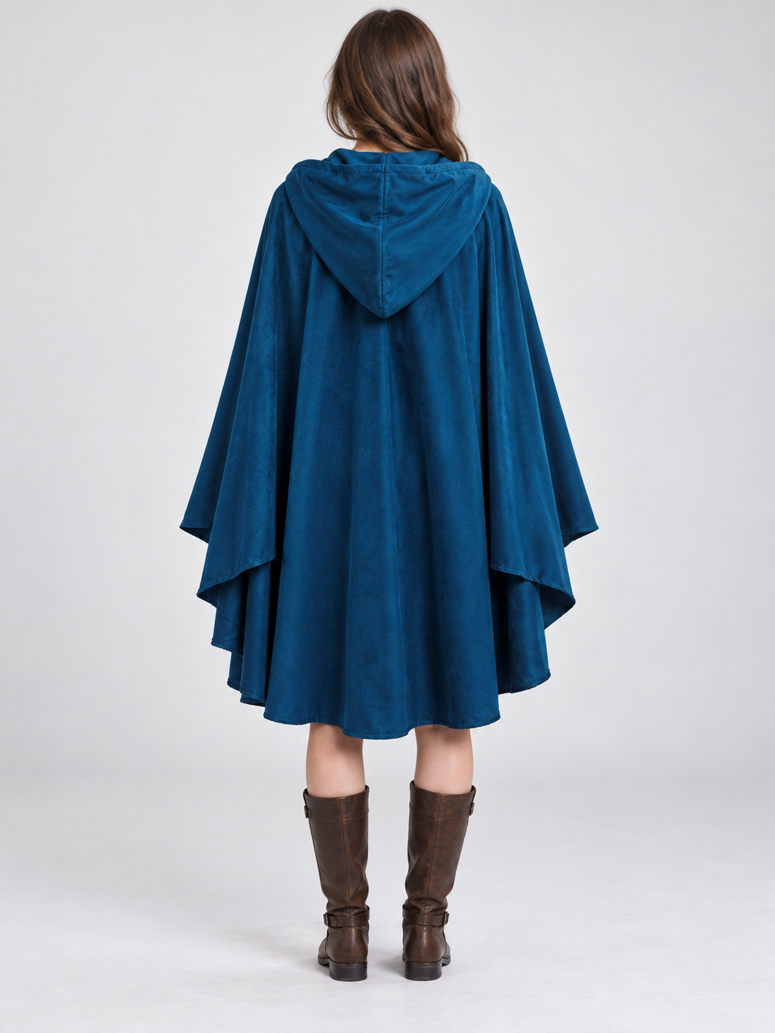 Hooded Cloak Cape, Dark Blue, Velour Suede