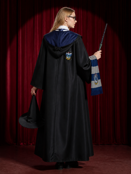 Unisex Hooded Wizard Halloween Costume Set with Scarf, Glasses, Wand & Hat back view