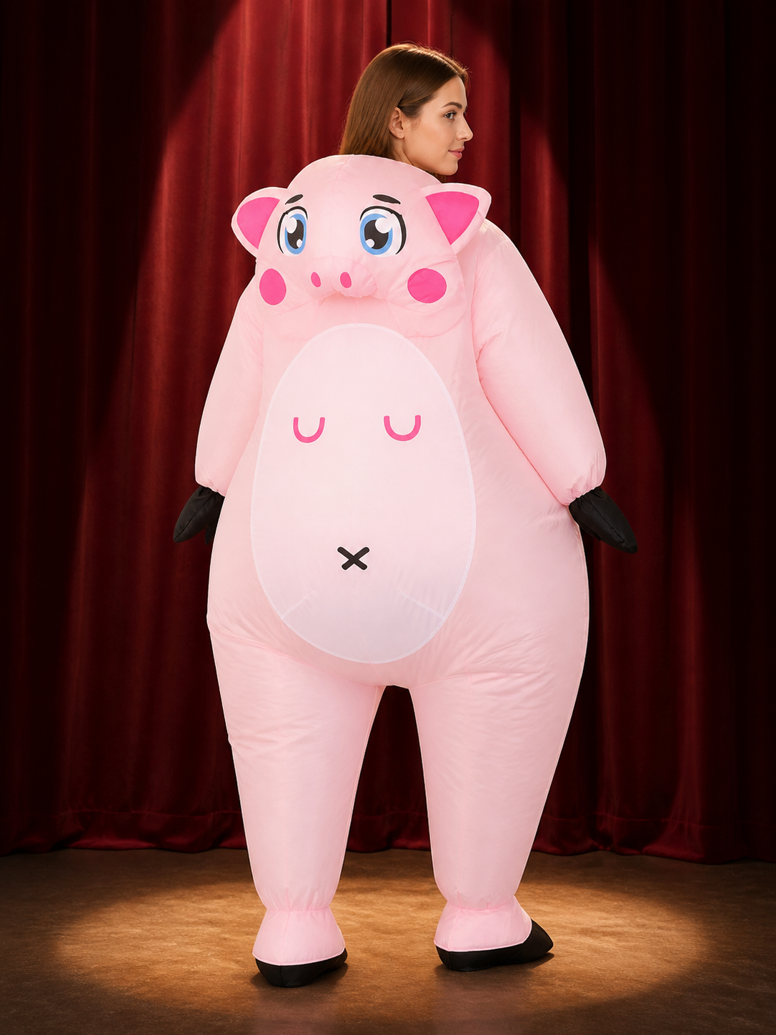 Kids Funny Pink Pig Costume Onesie with Hood, Gloves and Booties for Halloween back view