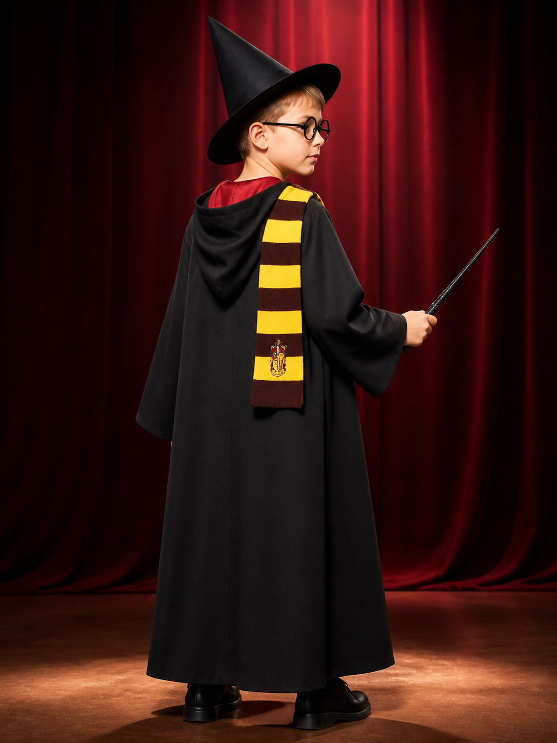 Gryffindor Wizard Costume with Hood and Accessories back view