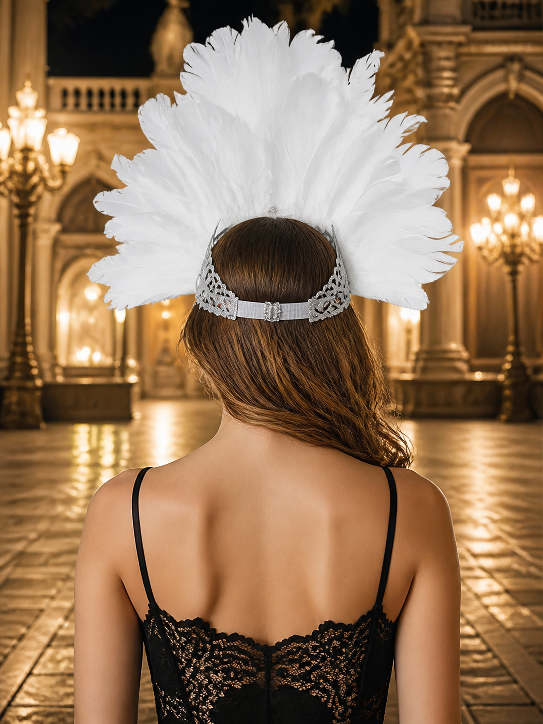1pc White Feather Mask with Silver Lace Hollow Out, Crown Headdress for Vintage back view 3