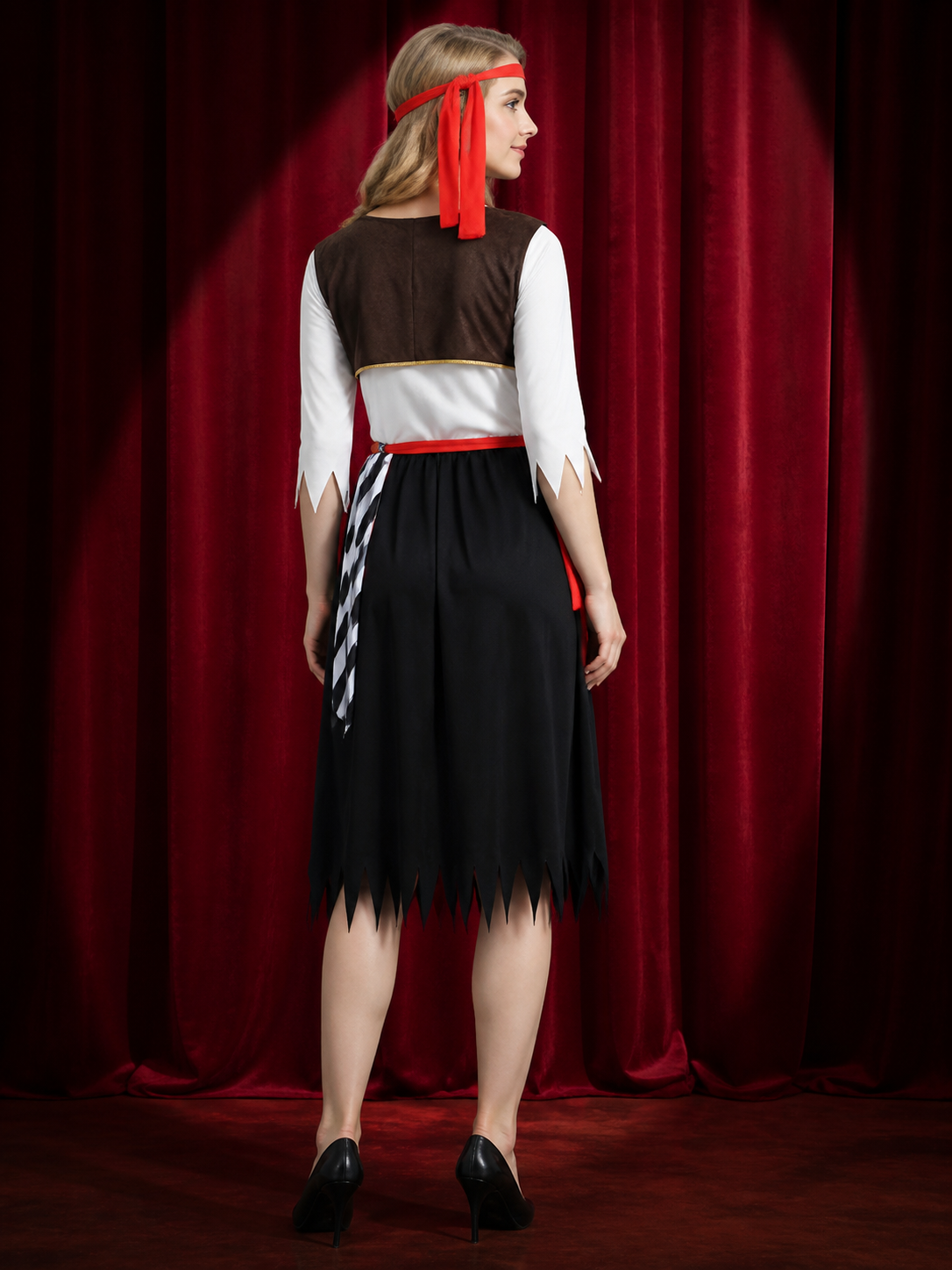 Adult Pirate Costume Set, Long-Sleeve Skirted Jumpsuit with Headband and Belt back view