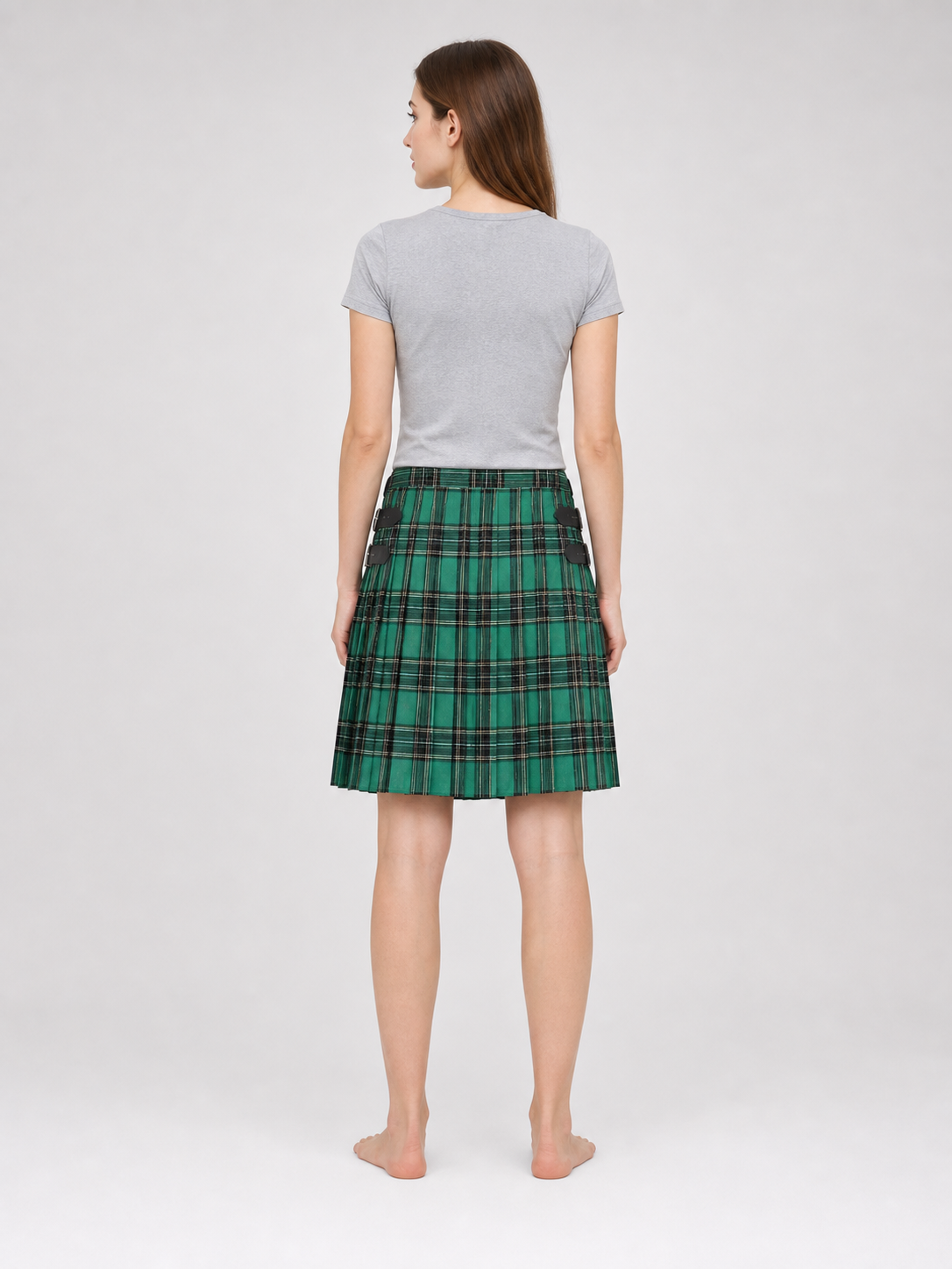Green Plaid Pleated Skirt with Buckles back view