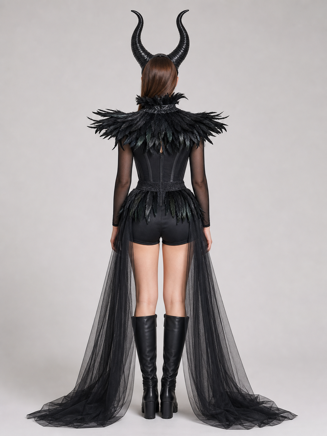 Sheer black mesh skirt with a long train