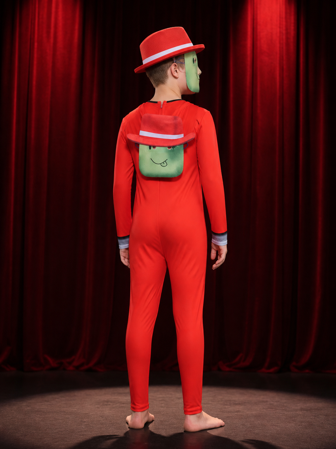 Kids Roblox Concierge Costume Jumpsuit with Hat, Red Print Halloween Outfit back view