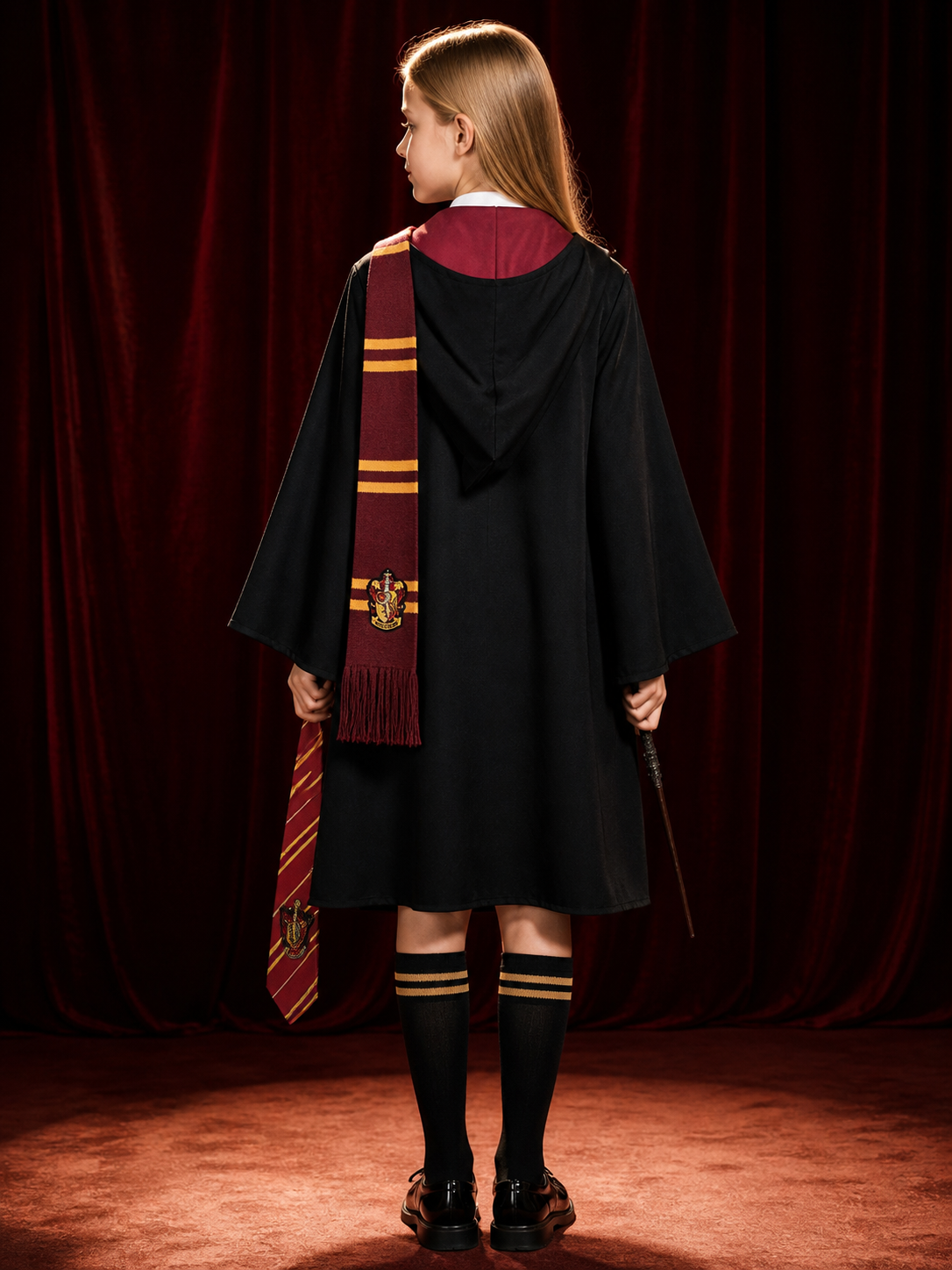 Academy-Style Wizard Robe Costume Set with Wand, Tie and Scarf back view