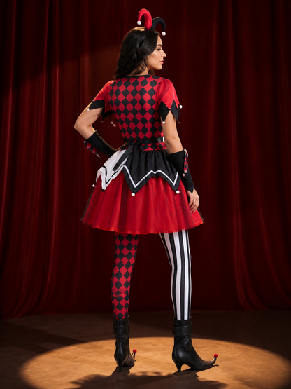 Scary Clown Circus Costume Dress, Red Black Checkered and Striped Print back view