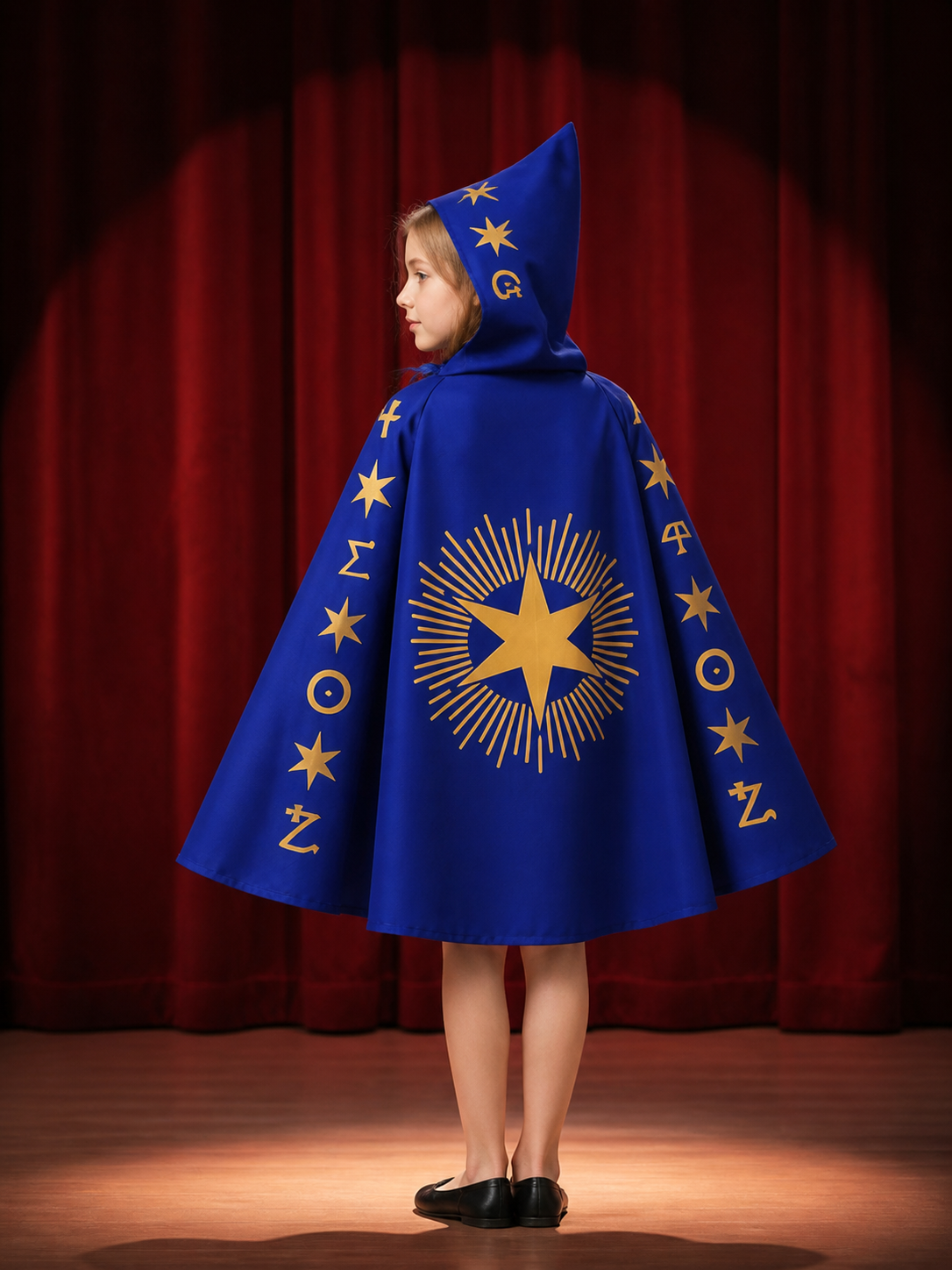 Blue Wizard Costume Set with Pointed Hat and Star-Patterned Cape back view