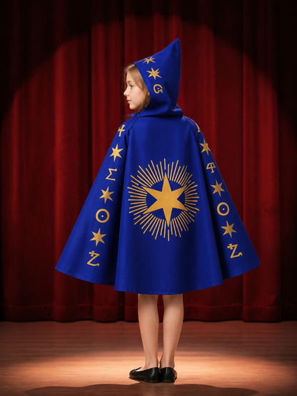 Blue Wizard Costume Set with Pointed Hat and Star-Patterned Cape back view