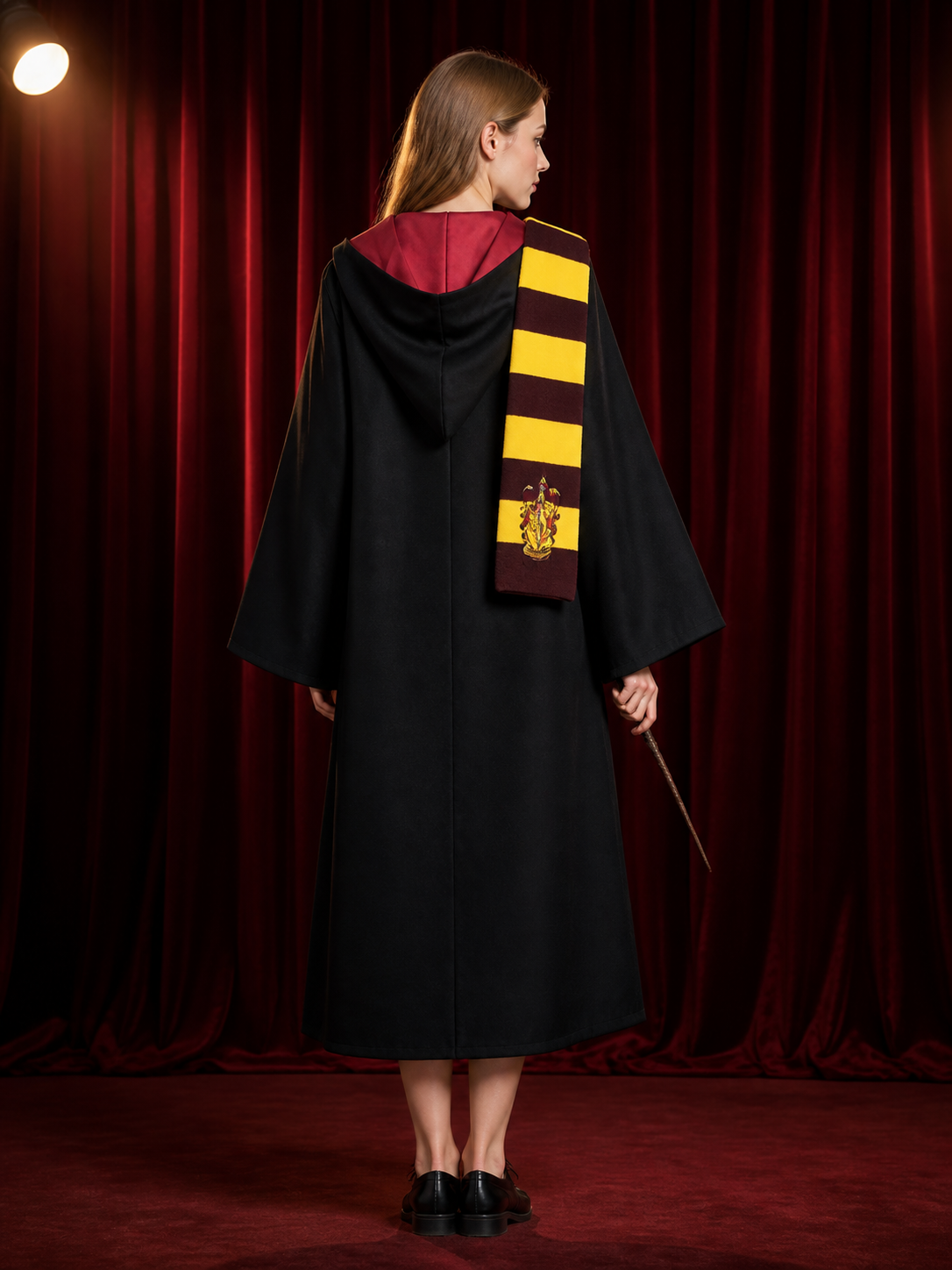 Wizard Costume Set, Hooded Long Robe with Striped Tie and Scarf, Halloween back view