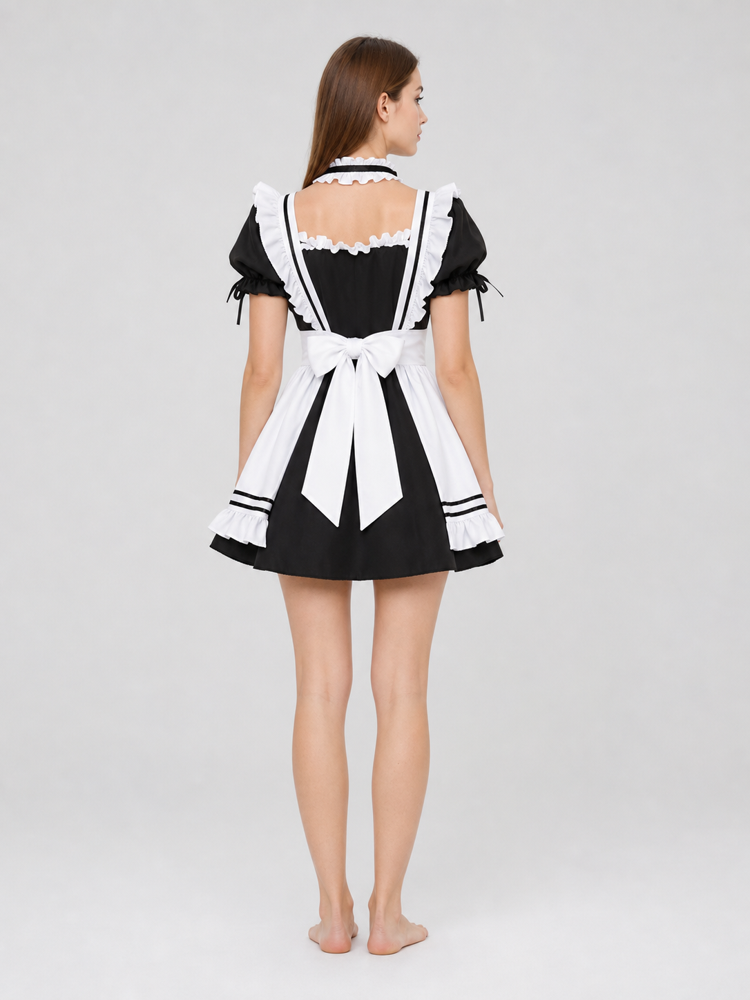 Black-and-White Cosplay Uniform with Apron and Ruffles back view