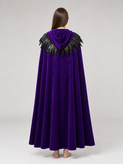 Purple Velvety Hooded Cape with Feathers