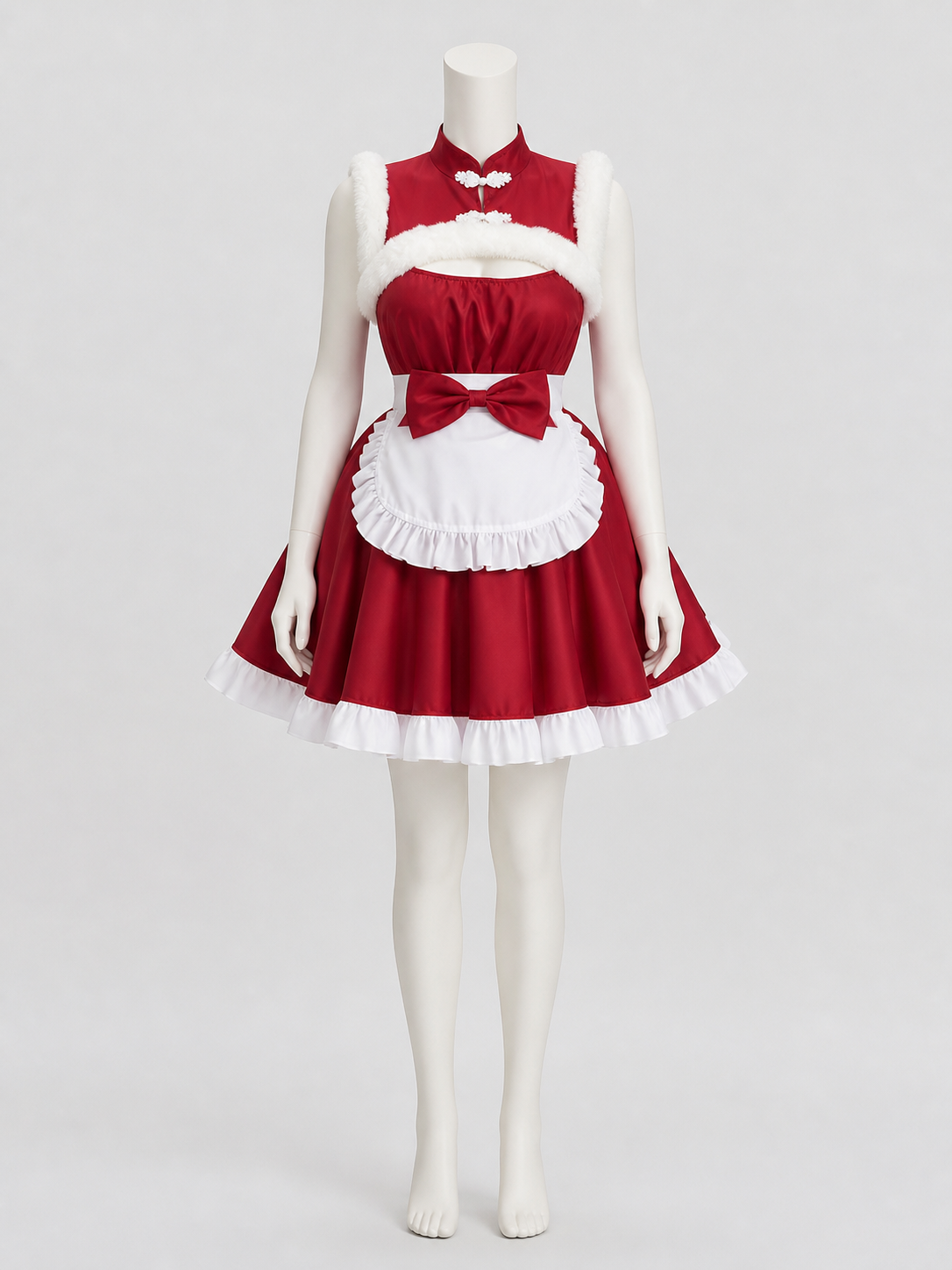 Red and White Christmas Dress with Apron and Bow back view