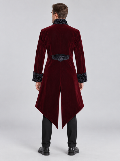 Burgundy tailcoat with a high collar and black embroidery