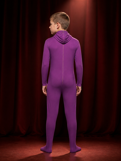 Purple Hooded Full-Body Jumpsuit Costume, Long-Sleeve Cosplay Outfit back view