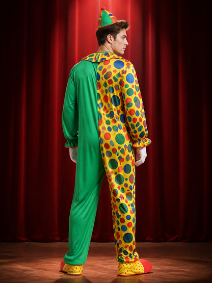 Unisex Jester Costume Jumpsuit, Colorful Polka Dot Clown Outfit with Hat back view