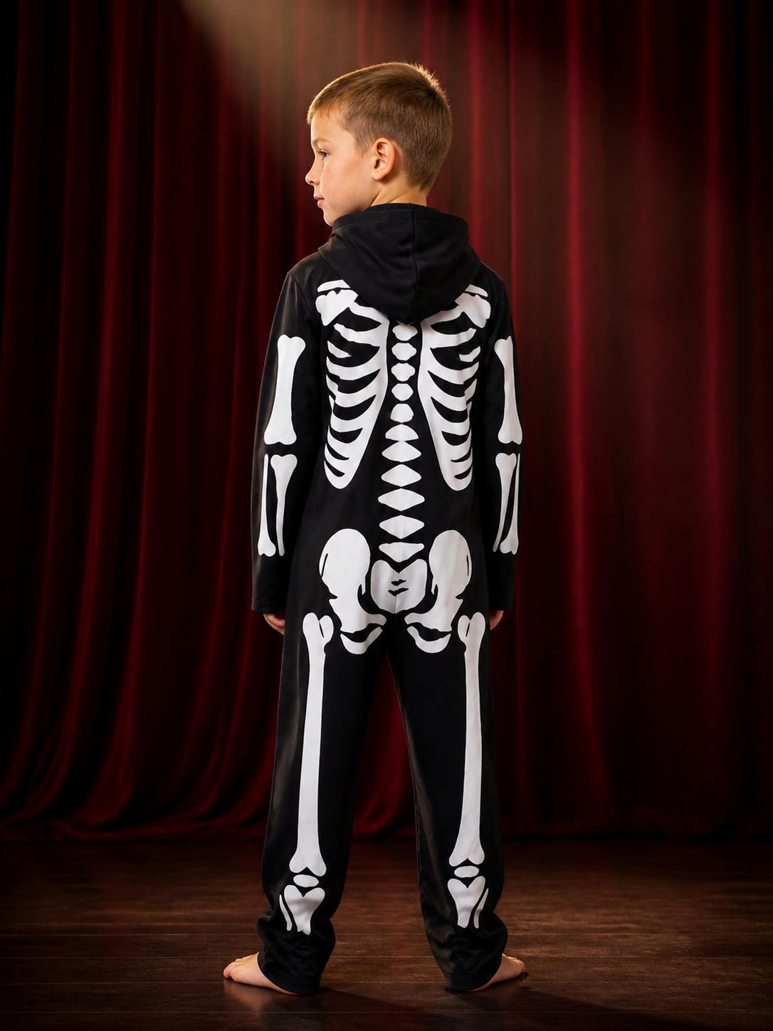 Unisex Skeleton Hooded Jumpsuit Costume with White Bone Print back view