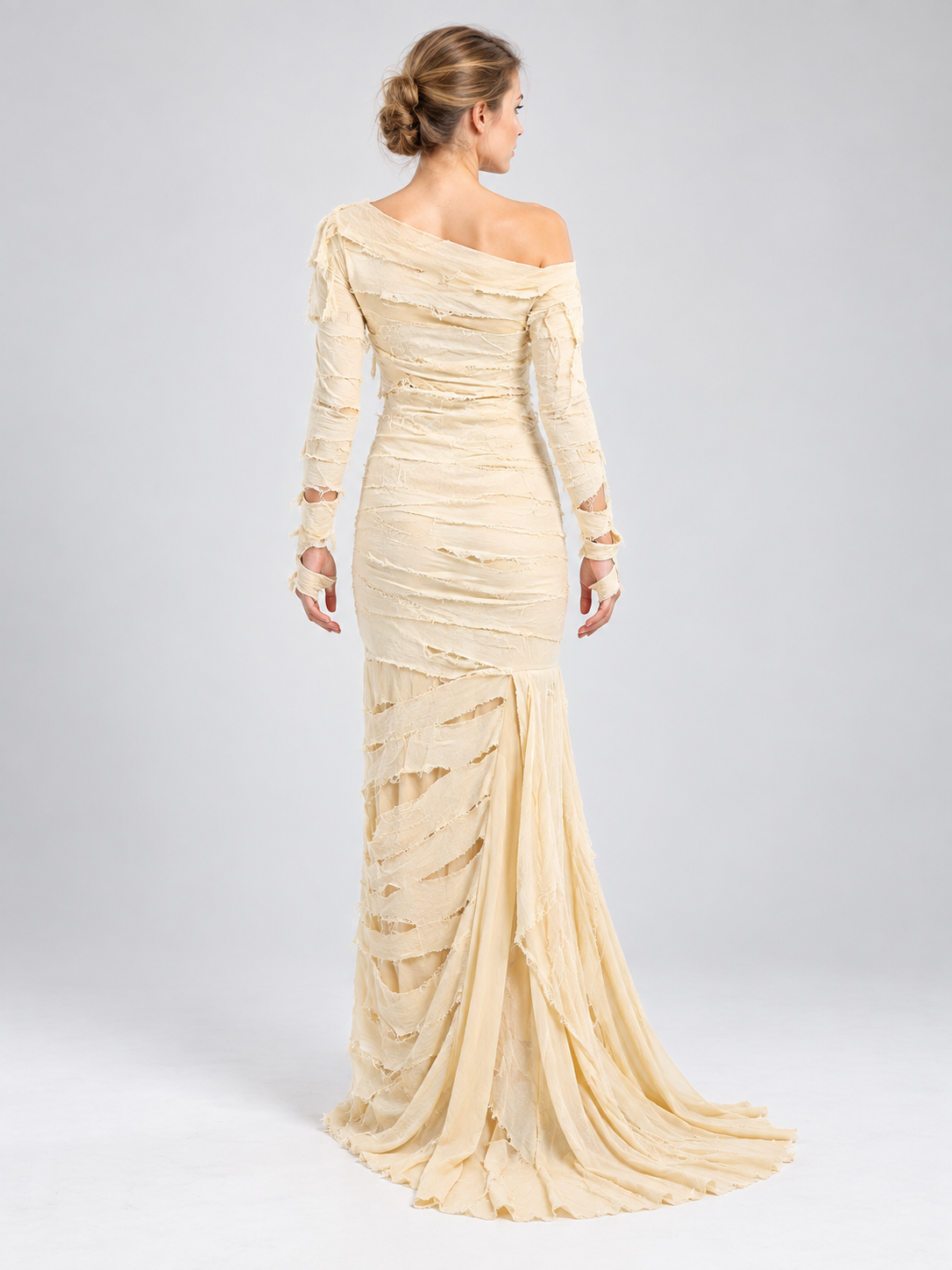 Cream Mummy Costume with Slit and Train back view