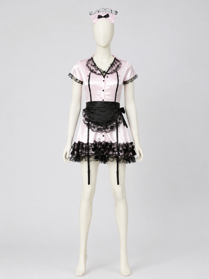 Short Lace Maid Uniform, Pink and White back view