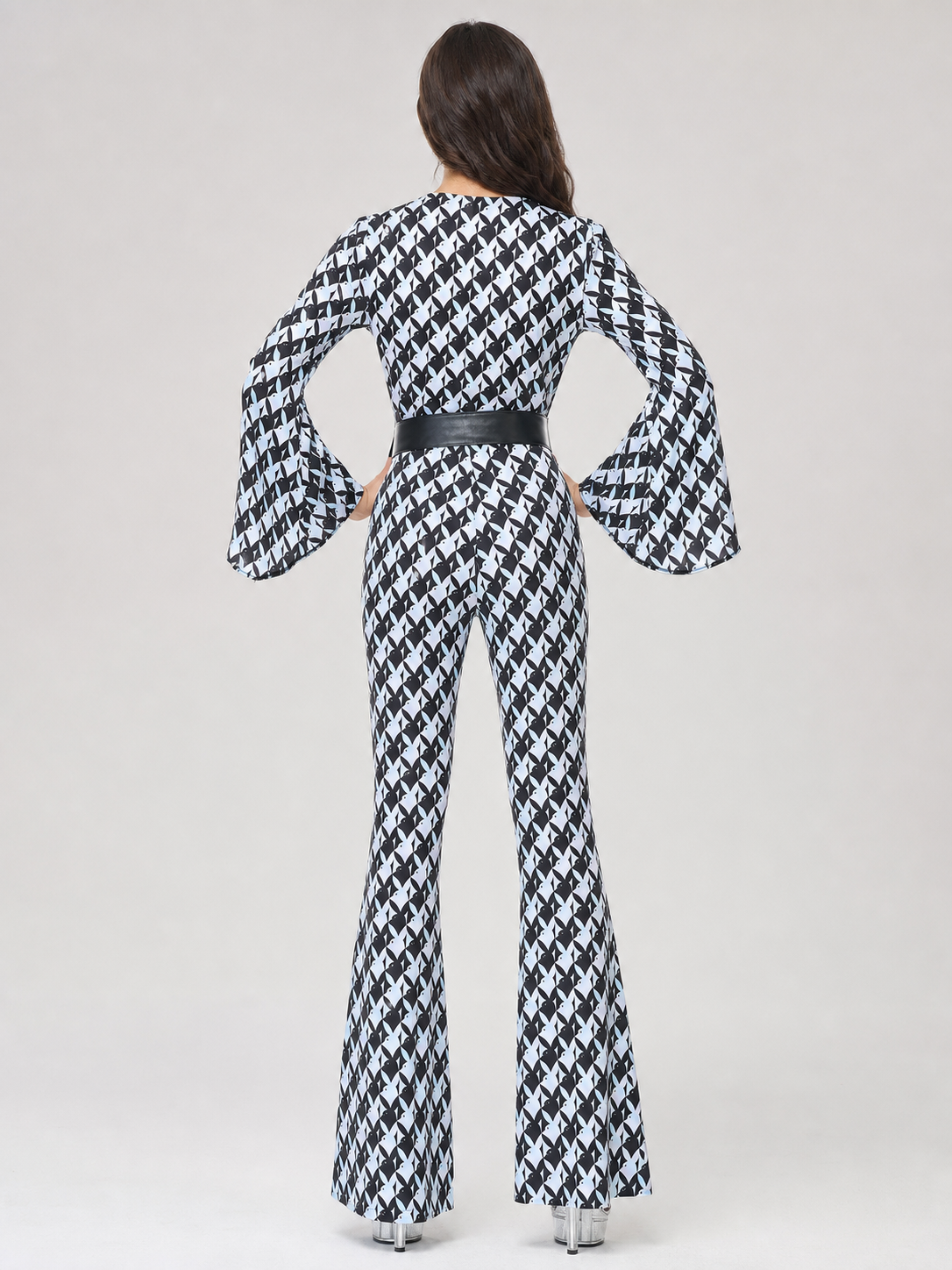 Retro Flared Jumpsuit with Geometric Print